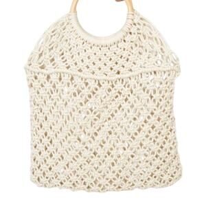 Urban Expressions Ivory Knit Handbag w/ Brown Wooden Double Handles, NWT